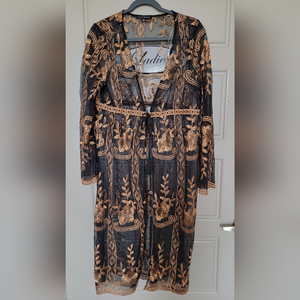 Black Sheer Dress with Gold Floral Embroidery